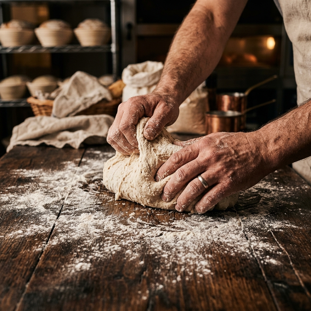 Baker kneading sourdough dough